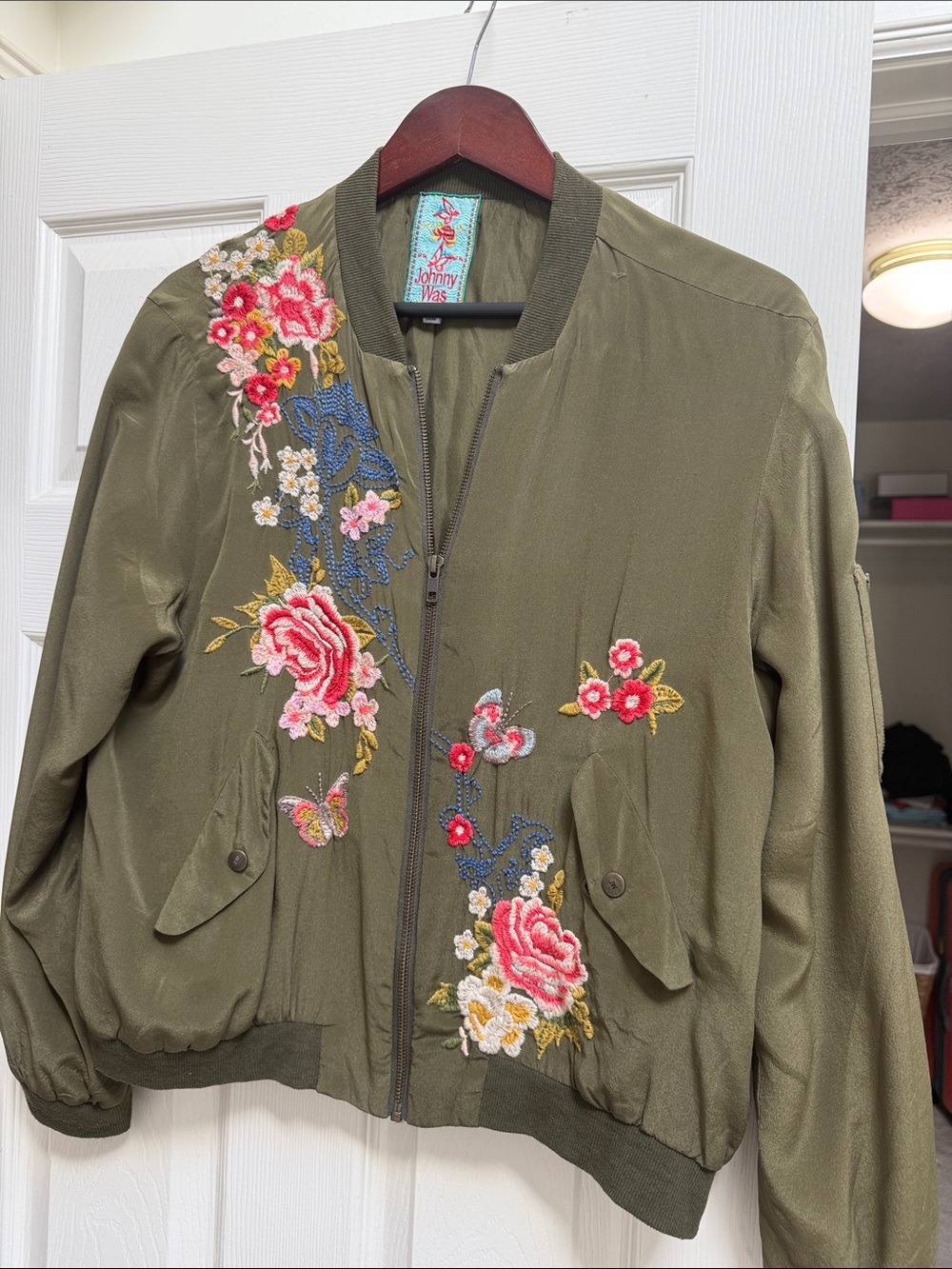 Johnny Was Olive Floral Embroidered Bomber Jacket